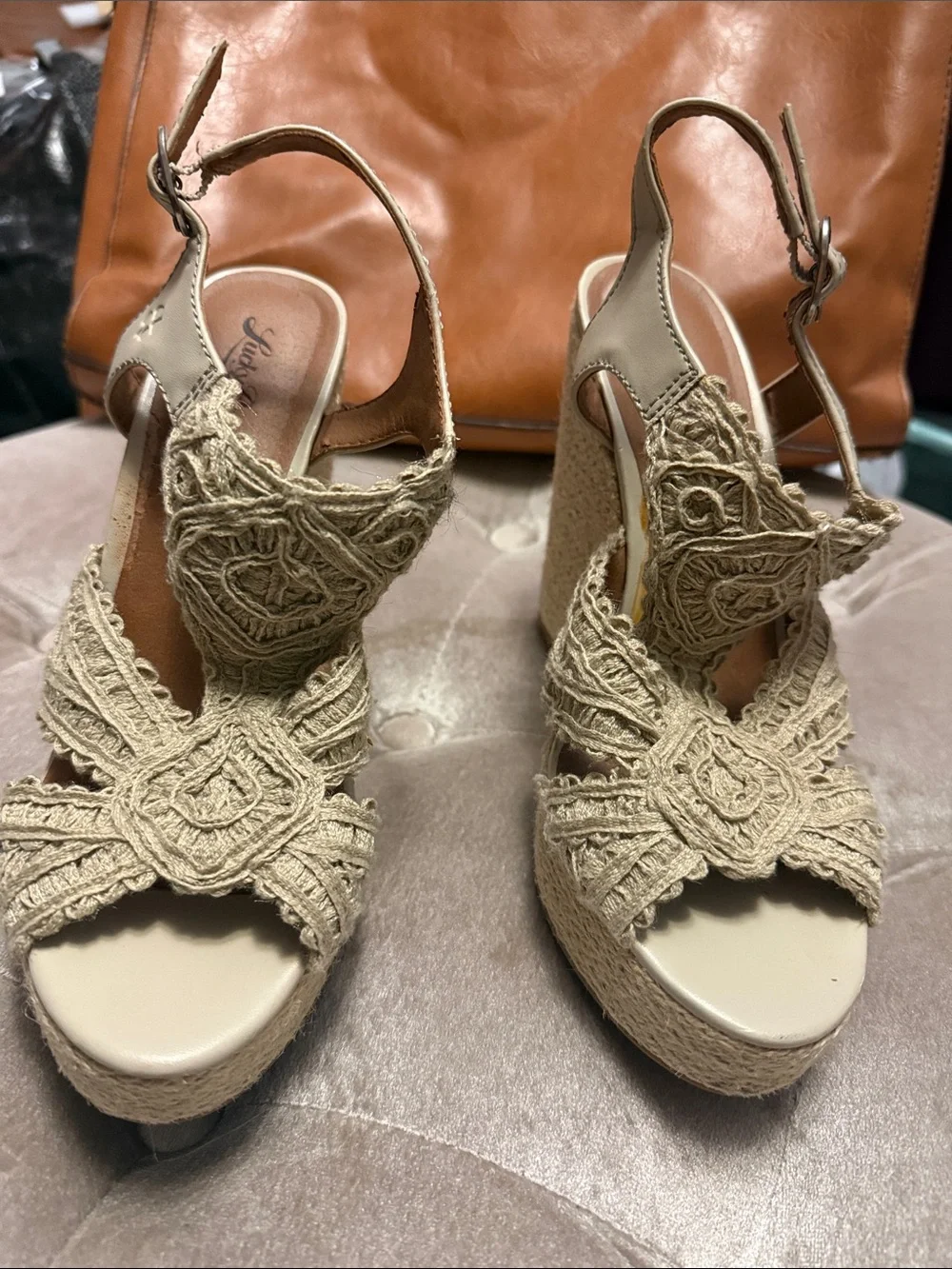 Lucky Brand Beige Macrame Braided Espadrille Wedge Sandals